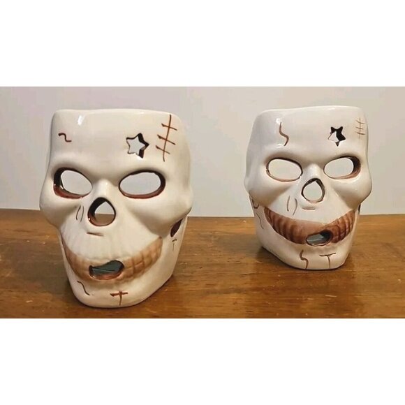 Ceramic Skull Head Tea Light Candle Holders Halloween Decor Vintage (SET OF 2) - Picture 1 of 8